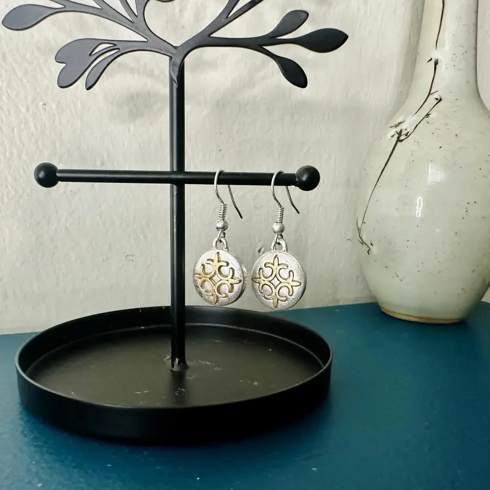 Open Cross Mismatched (Raised, Inlaid) Drop Silver- Gold-Tone Earrings - Picture 5 of 6